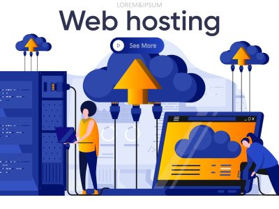 web-hosting Web hosting flat landing page. IT specialists managing server equipment vector illustration. Data center computing technology, hosting and support service web page composition with people characters.